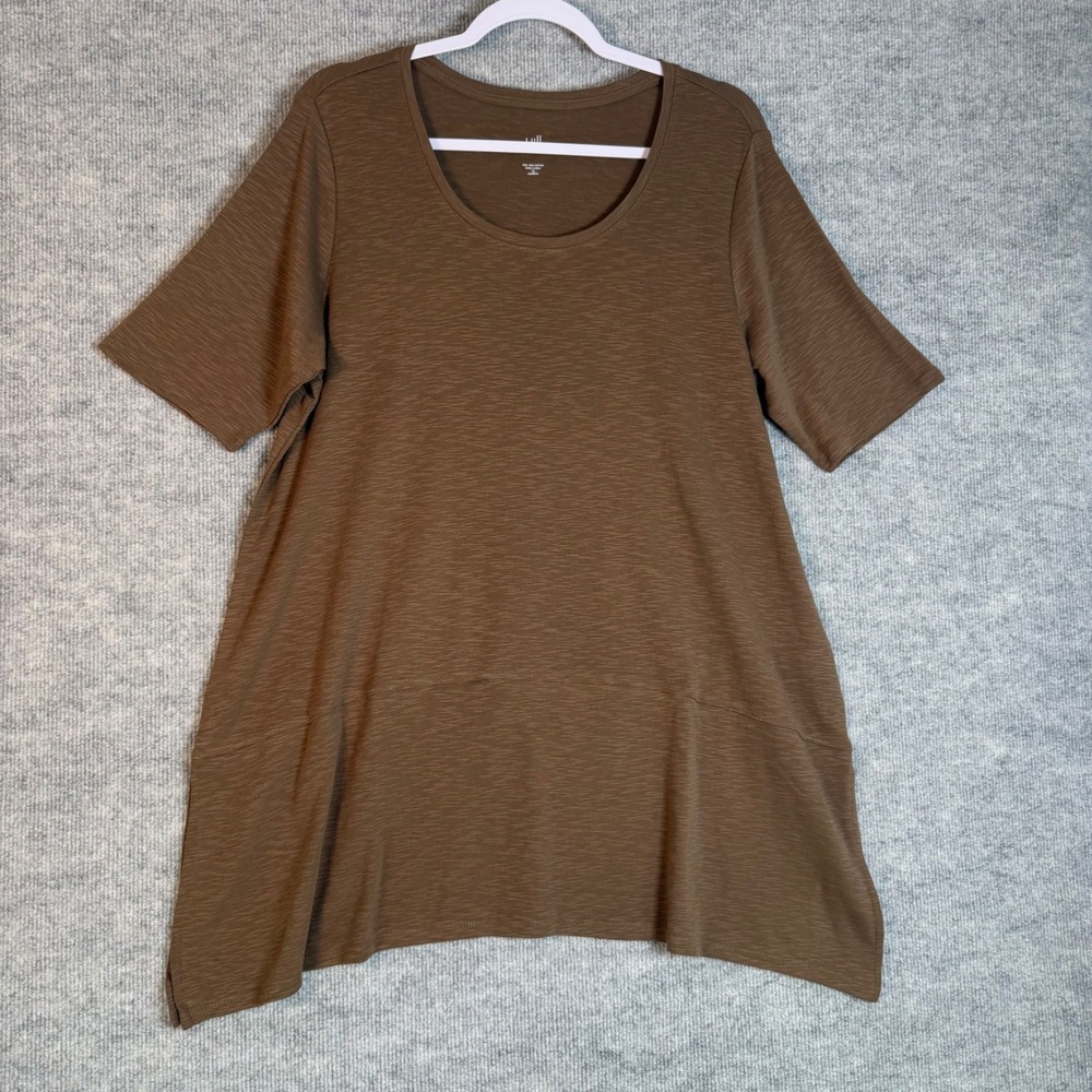 J. Jill Size-1X Tunic Short Sleeve Pima Dipped-Hem Brown Slub Knit